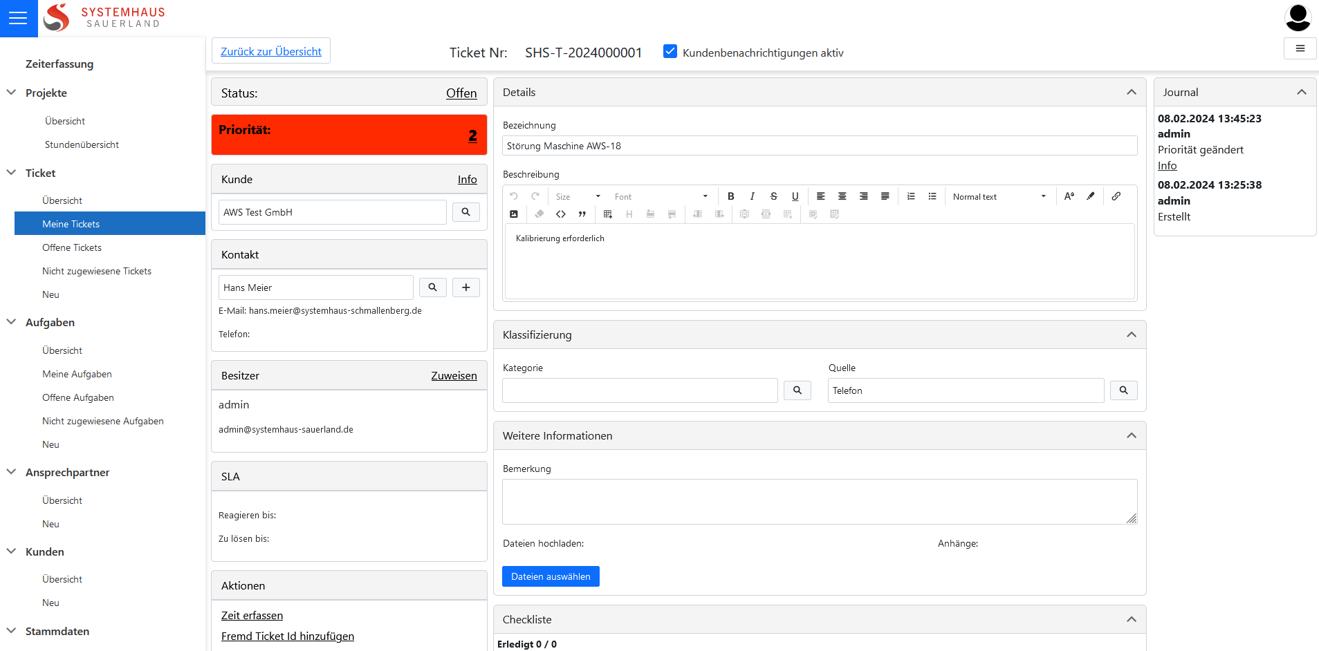 Screenshot Systemhaus Sauerland Ticketsystem